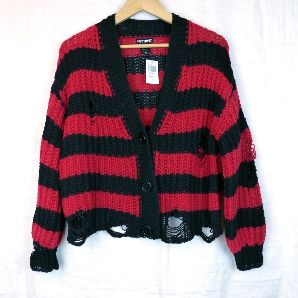Hot Topic Cardigan Women XS Oversized Red Black Stripe Distressed Grunge Punk